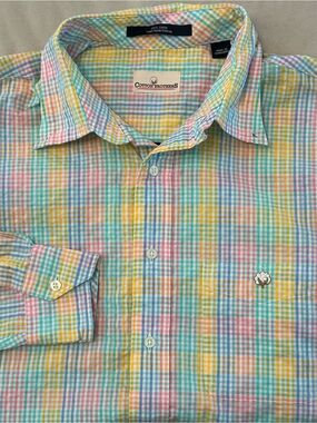 Cotton Brothers Men Large Plaid Shirt Pastel Rainbow Gingham Long Sleeve Cotton